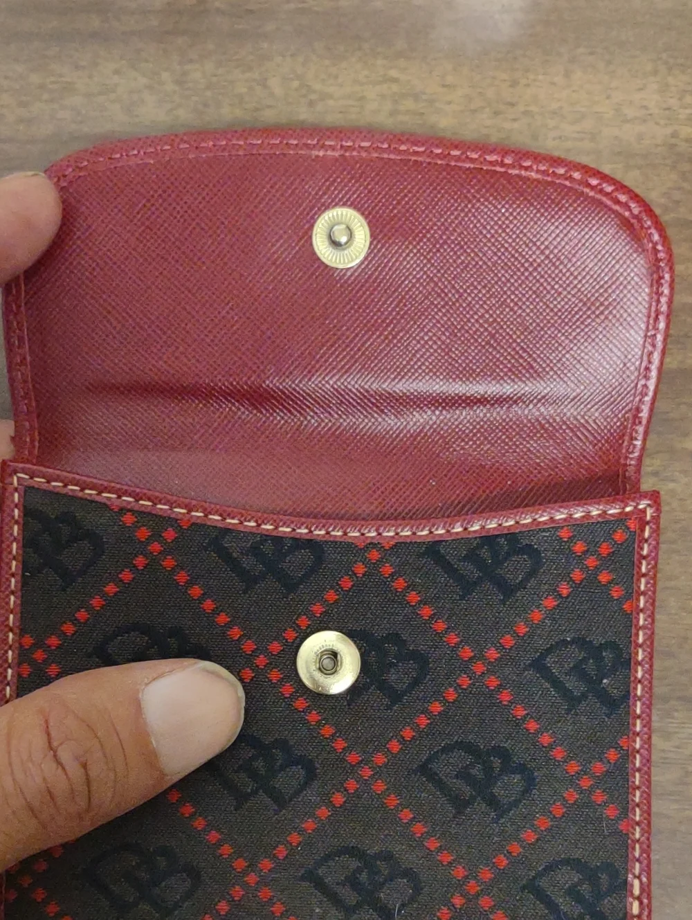 Dooney & Bourke Vintage Dark Gray Wallet with Red Trim and Gold Plate